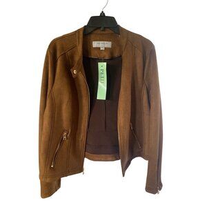 Marc New York Andrew Marc Womens Brown Faux Suede Moto Jacket PXL Gold Zip NEW